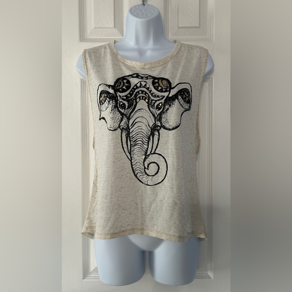 A3 Design Elephant Graphic Cutout Back Tank Top in Oatmeal Speckle Size Small - Picture 2 of 5